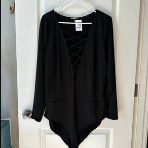 Charlotte Russe‎ Black Lace Up Deep V-Neck Long Sleeve Bodysuit 3X NWT